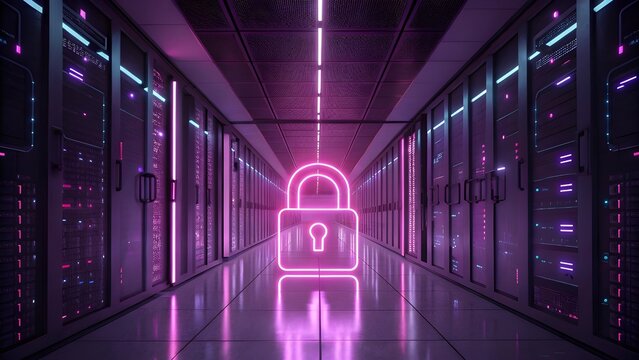 Futuristic Data Center Corridor with Neon Padlock Hologram &ndash; Cybersecurity Concept