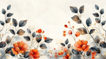 Watercolor Painting of Orange Flowers and Gray Leaves Botanical Illustration