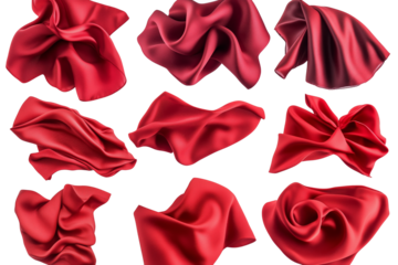 Set of floating elegant red fabrics isolated on white background