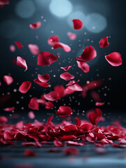 Leuchtend rote Rosenblütenblätter schweben sanft auf pinkfarbenem Hintergrund

