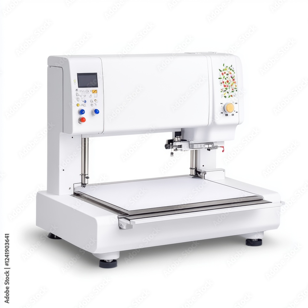 Poster modern white embroidery machine with touchscreen display for seamless textile design and crafting pr