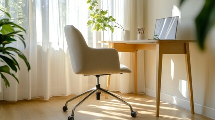 Cozy corner workspace in a sunlit room with a wooden desk and comfortable chair