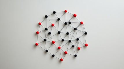 Red and black pins connected by strings forming network on white background; illustrating connection, teamwork, or global network concept
