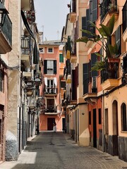 Fototapeta premium A quiet street in Palma de Mallorca, featuring charming balconies adorned with plants, evoking a calm summer atmosphere with empty streets and a relaxed vibe.