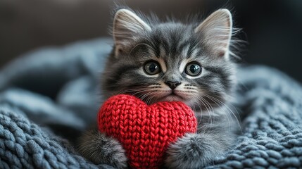 Naklejka premium holiday valentine card with cute kitten holding red knitted heart in paws
