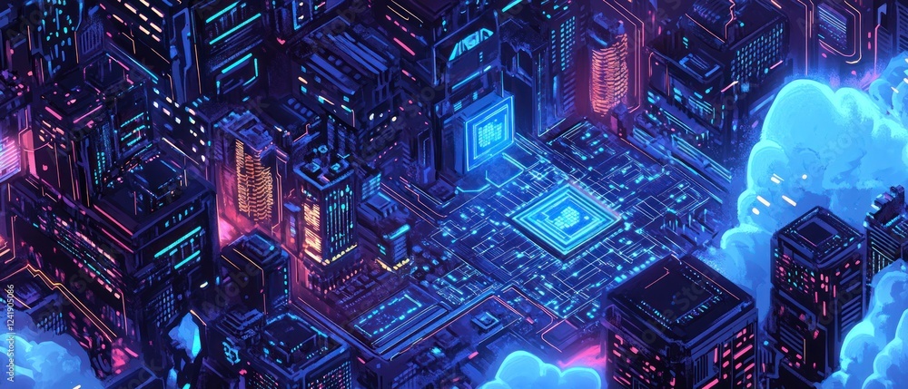 Aufkleber digital city with circuit board layout, clouds background for technology, software or game concepts