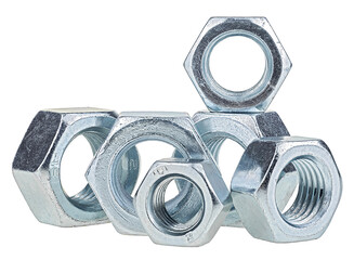 Group of metal nuts isolated on a white background. Zinc plated hexagon nuts.