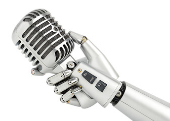 Futuristic Robot Hand Holding Silver Retro Microphone. Music and Technology Fusion - Transparent Background
