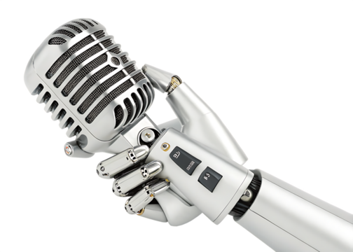 Futuristic Robot Hand Holding Silver Retro Microphone. Music and Technology Fusion - Transparent Background - Powered by Adobe