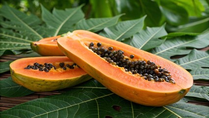 Ripe Papaya on Leaves