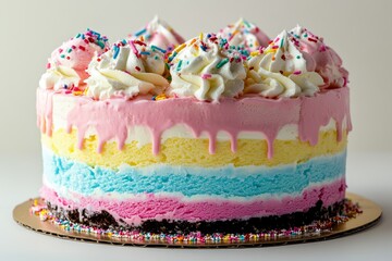 Rainbow ice cream cake dessert, studio shot