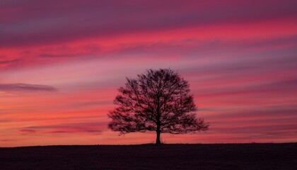 거대한 노을빛 하늘 아래, 구불구불한 나무 한 그루가 서 있는 실루엣