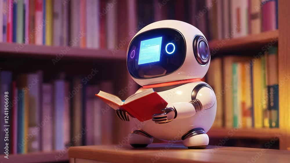 Poster a small robot reading a book while surrounded by vibrant bookshelves in a cozy library. machine lear