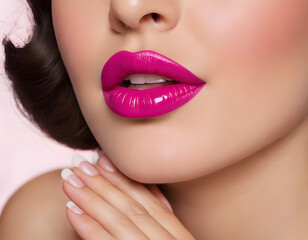 Obraz premium Beautiful woman with a fresh smile and red lipstick, showcasing healthy skin and flawless makeup in a close-up fashion portrait