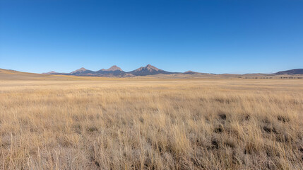 Fototapeta premium Autumn plains, distant mountains, clear sky, landscape photography, travel