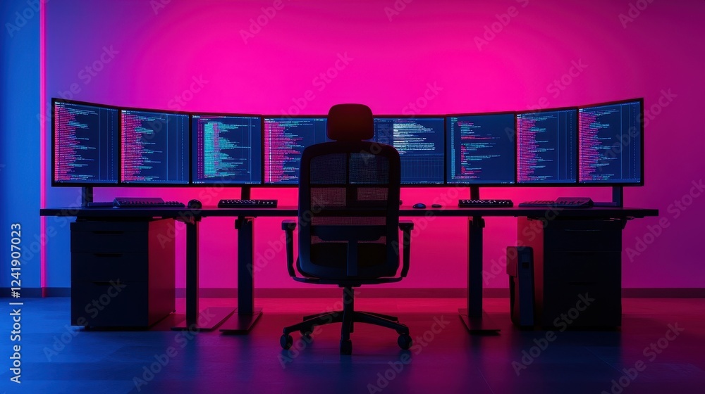 Poster a modern workspace featuring multiple monitors displaying code, illuminated by vibrant pink and blue