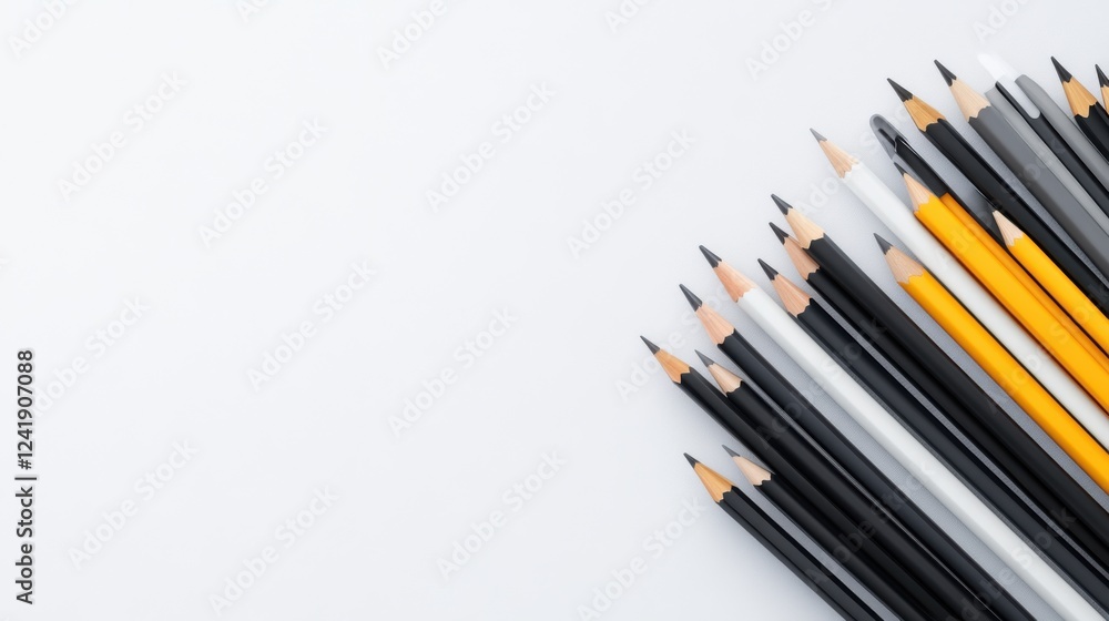 Poster variety of graphic pencils arranged neatly on white background with space for text or design element