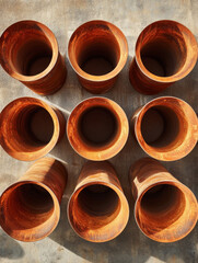 Nine rusted metal pipes from above on concrete surface.