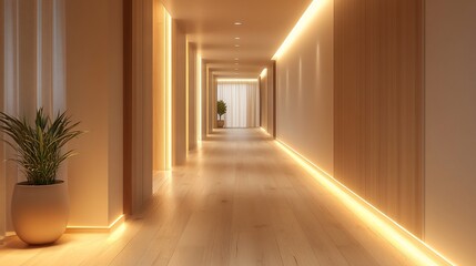 Modern hallway with warm lighting, wooden walls, and a potted plant, creating a serene atmosphere