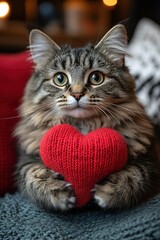 holiday valentine card with cute kitten holding red knitted heart in paws