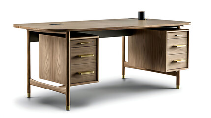 Fototapeta premium A wooden desk with a black metal frame and four drawers. generated using AI