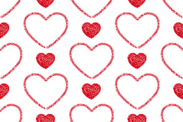 Hearts hand drawn with crayon pencil. Seamless pattern with red pastel symbols of love. Valentines day background with red hearts with chalk texture, vector illustration