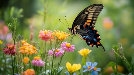 Colorful Butterfly on Vibrant Blooms in a Lush Garden Setting