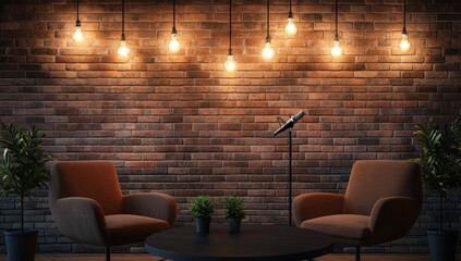 Cozy Brick Wall Stage with Microphone, Armchairs, and Warm Lighting