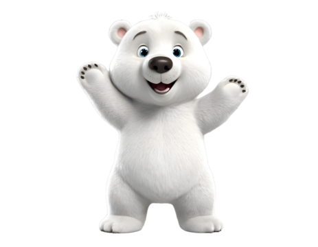 A cute polar bear cub playing, illustrated in a fun cartoon style, isolated on a white background PNG