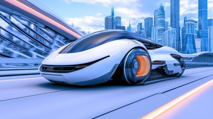 Obraz premium Futuristic Vehicle on High-Speed Track with City Skyline Background