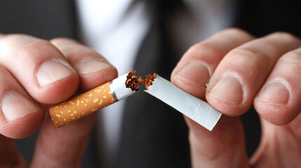 Closeup of a man breaking a cigarette in half with his hands, symbolizing an end to tobacco smoking addiction. quit the dangerous and bad habit, hazard narcotic rejection, crush tobacco.
