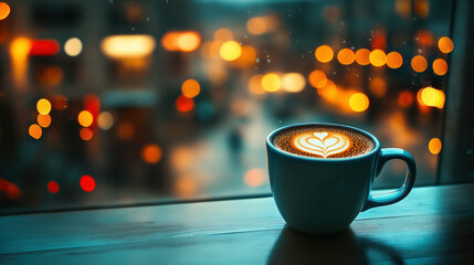 Obraz premium A Picture of a Cup Of Coffee, With The Background Of The Coffee Shop And Its Customers Blurred. Cafe Drink Menu Image.