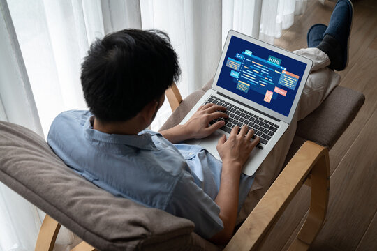 Software development or programming work with coding screen of various programming languages like HTML, Python, Java, and C brisk for new application development
