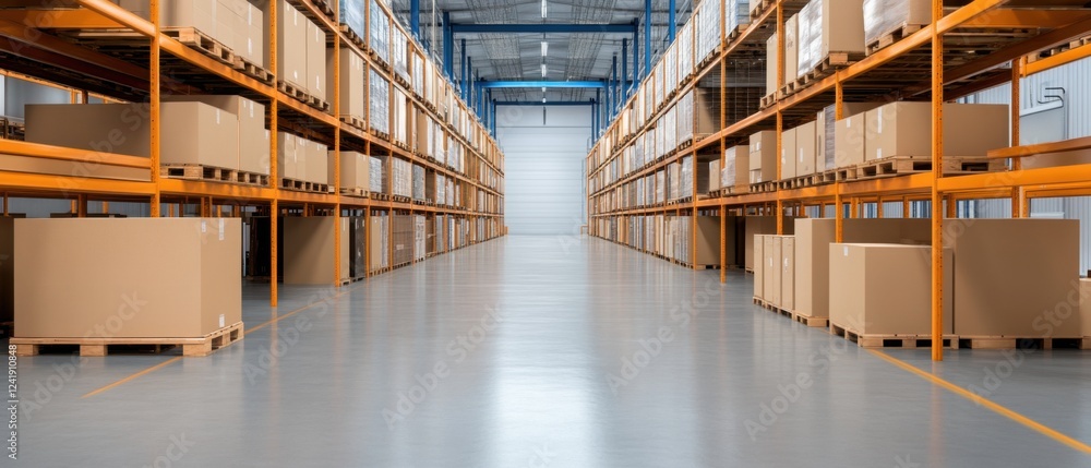 Poster spacious warehouse with neatly stacked boxes on shelves and pallets for efficient inventory manageme