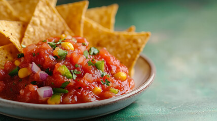 Salsa and tortilla chips on a plate with green background.