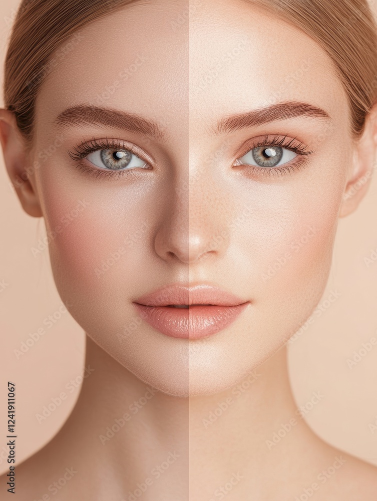 Aufkleber face showing transformation from natural to full makeup look in a split view highlighting beauty tec