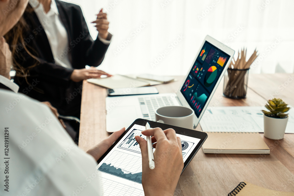 Poster financial data analysis dashboard by fintech bi or business intelligence display on laptop and table