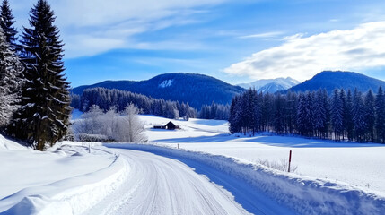 Obraz premium A picturesque snow-covered road winding through a serene winter landscape for travel and tourism campaigns