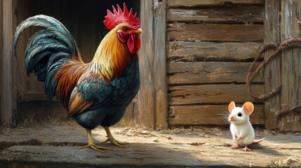 Rooster with vibrant plumage and a small white mouse stand together
