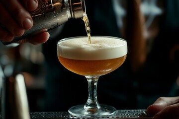 Bartender pouring cocktail, bar, foam, drink, night