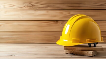 Bright Yellow Hard Hat Resting on a Wooden Block in a Construction Setting with Textured Wood Background