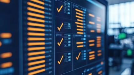 A digital display shows performance metrics with orange checkmarks, indicating successful processes in a tech environment.