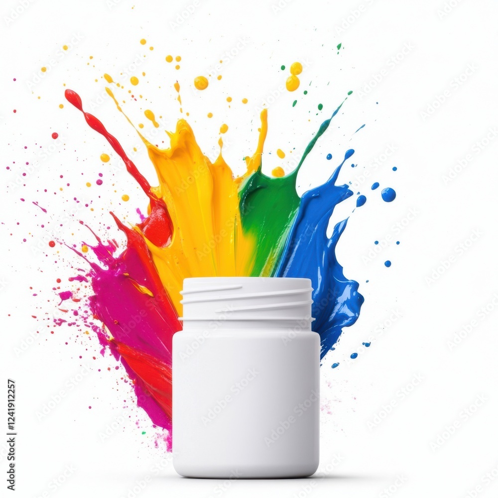 Poster vibrant paint splashes in assorted colors surrounding a white paint container on a clean background