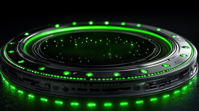 Futuristic green platform, dark background, product display