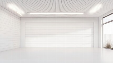 Fototapeta premium Modern Garage Interior: A sleek, minimalist garage space, characterized by clean lines, a smooth, reflective floor, and soft, natural light illuminating the surroundings.