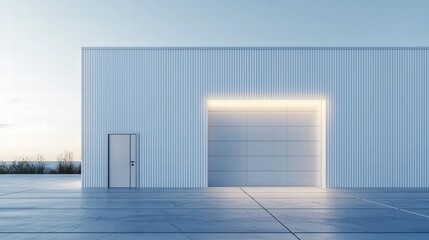 Obraz premium Modern Architectural Facade: Minimalist design of a large industrial building with a recessed entrance illuminated with warm light, a serene outdoor scene.