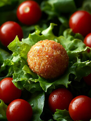 Salad with fried cheese ball and cherry tomatoes.