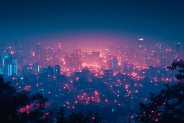 Fototapeta premium Glowing cityscape with neon lights under a starry sky