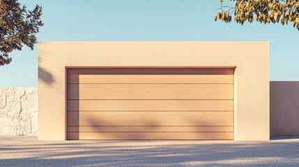 Desert Modern Garage: A minimalist, light beige garage door set against a muted desert landscape, bathed in the warm glow of the setting sun.