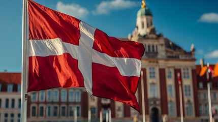 Flag of Denmark Waving Proudly in Front of Historic Building Under Clear Sky